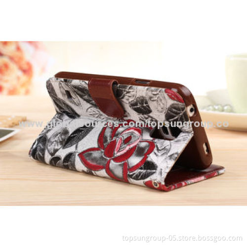 PU Leather Cases for iPhone 5S/5G, Floral Pattern with Card Slots and Hanging Rope